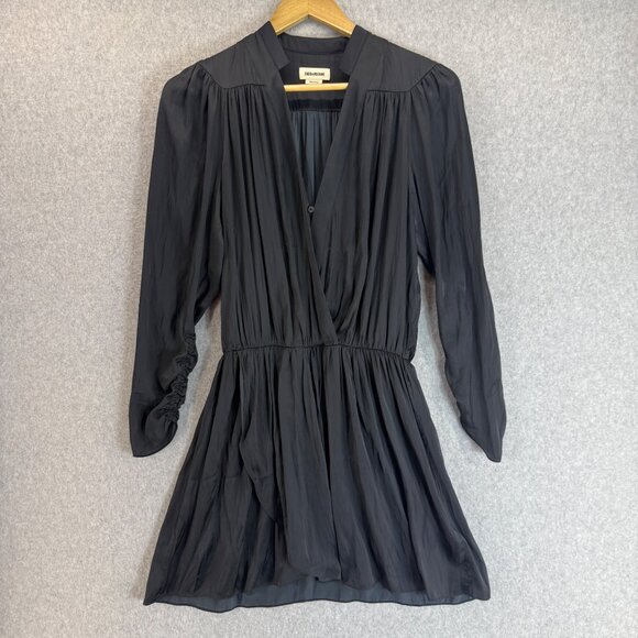 Zadig & Voltaire Womens Small Reveal‎ Satin Dress Charcoal Gray V-Neck Faux Wrap - Picture 1 of 15